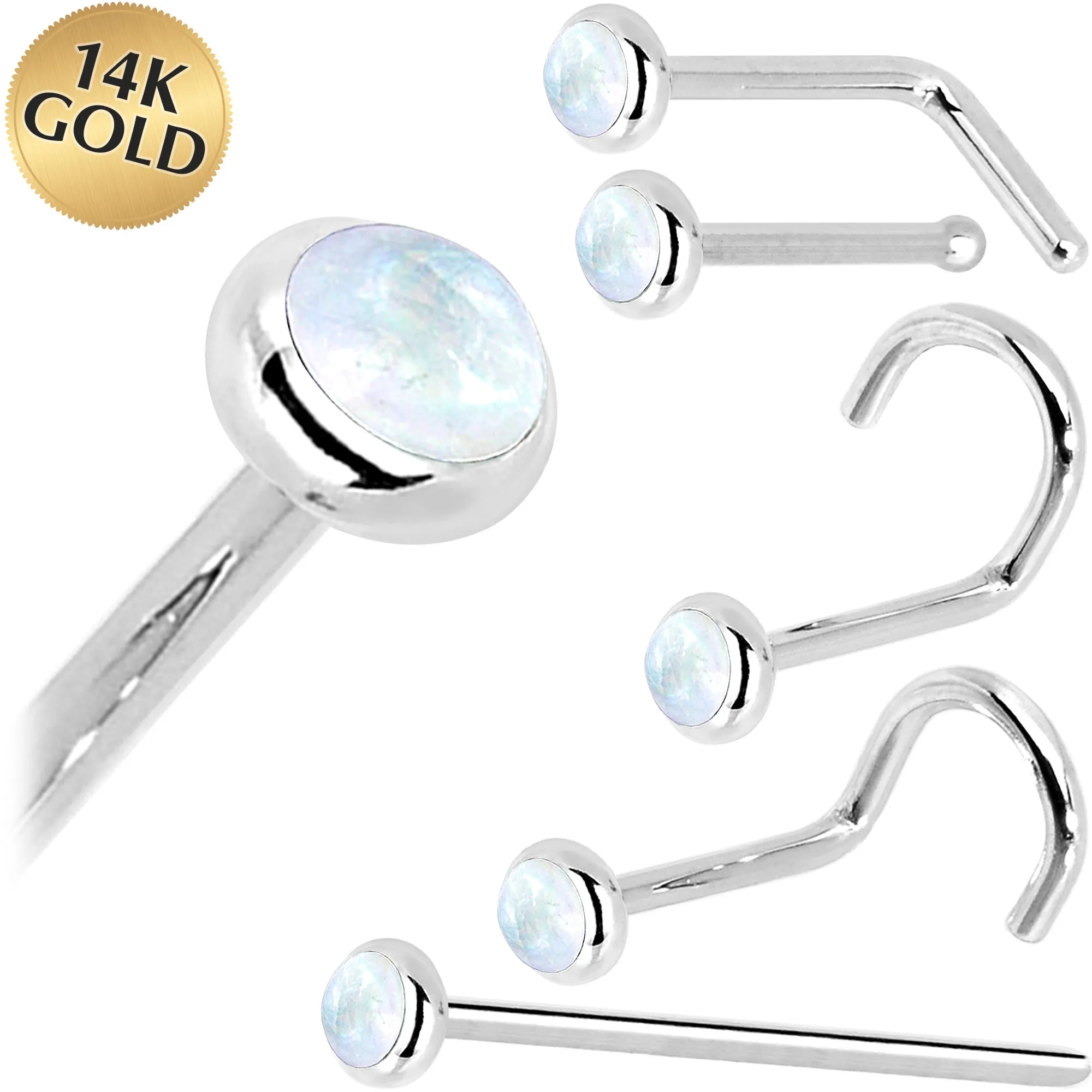 Solid 14KT White Gold 2mm Rainbow Moonstone Nose Ring