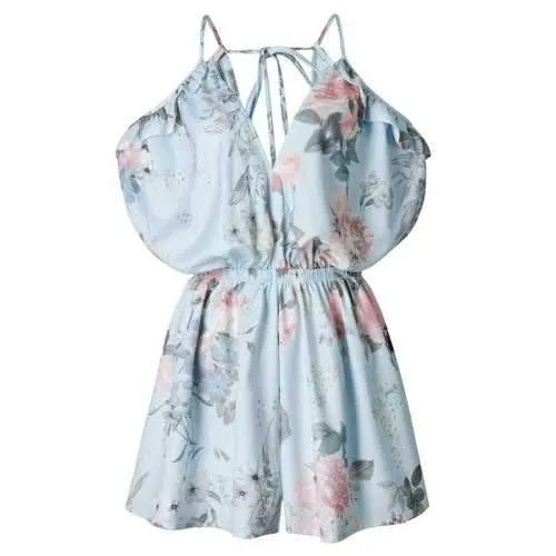Spaghetti Strap Ruffle Floral Romper - Blue L