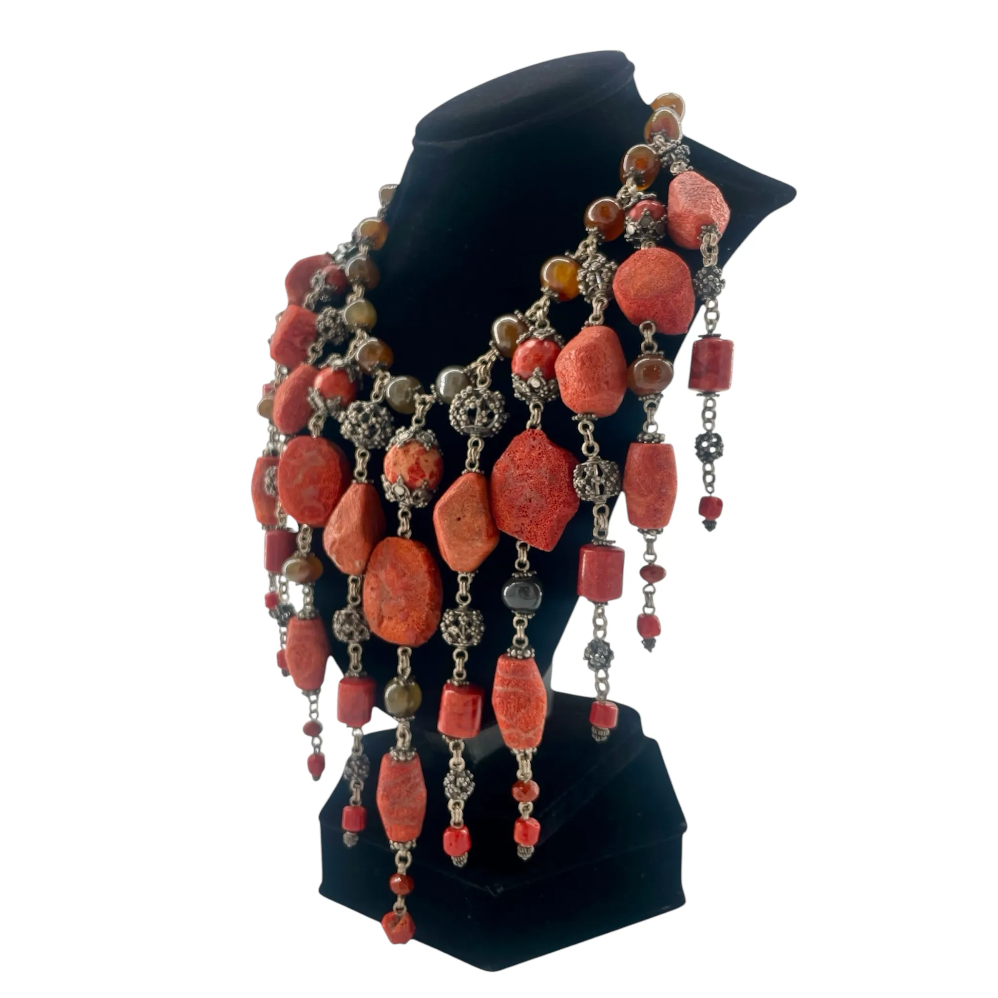 Stephen Dweck Spectacular Coral, Agate, and Silver Filigree Fringed Bib Necklace