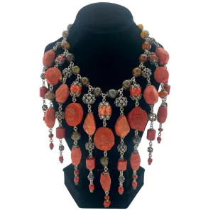 Stephen Dweck Spectacular Coral, Agate, and Silver Filigree Fringed Bib Necklace