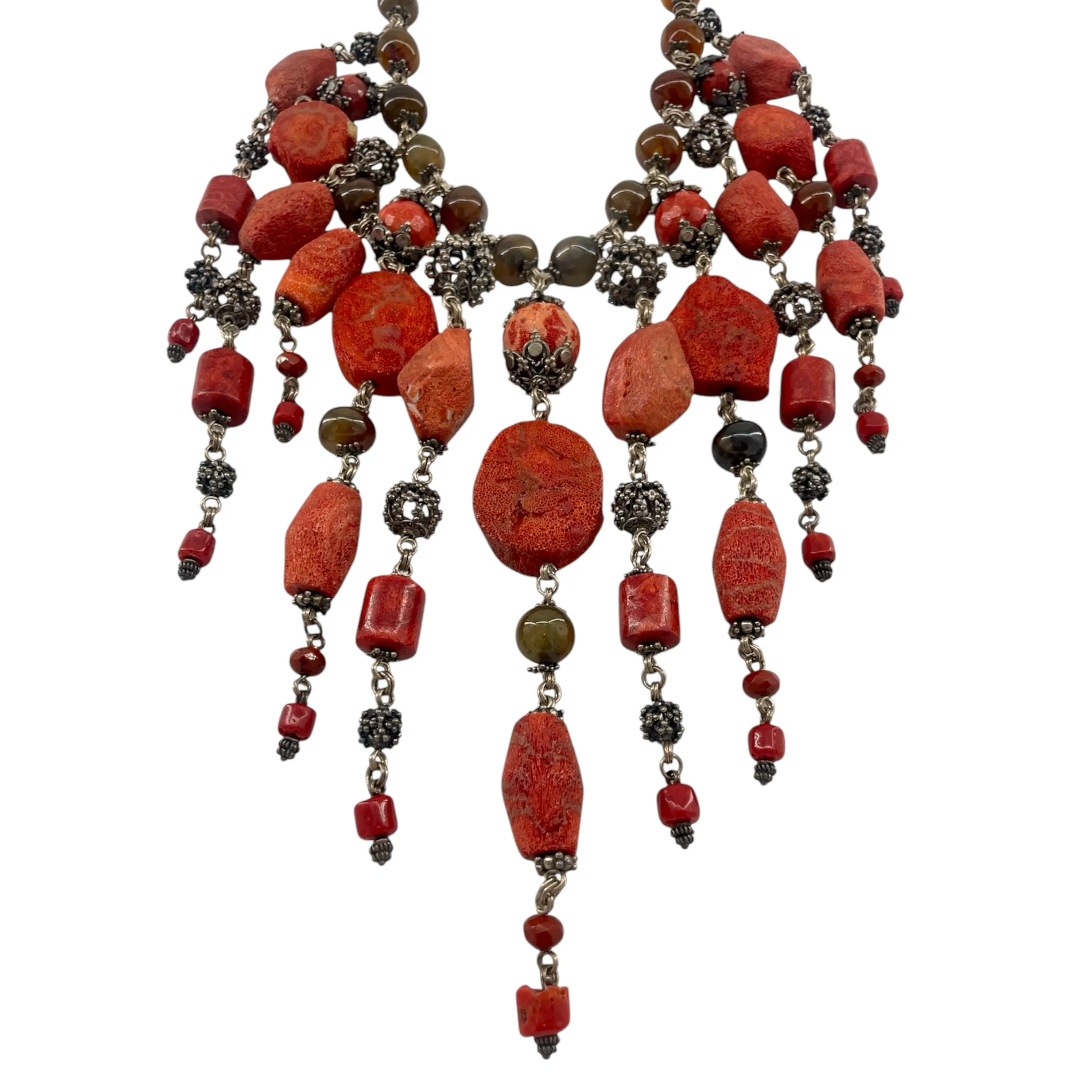 Stephen Dweck Spectacular Coral, Agate, and Silver Filigree Fringed Bib Necklace