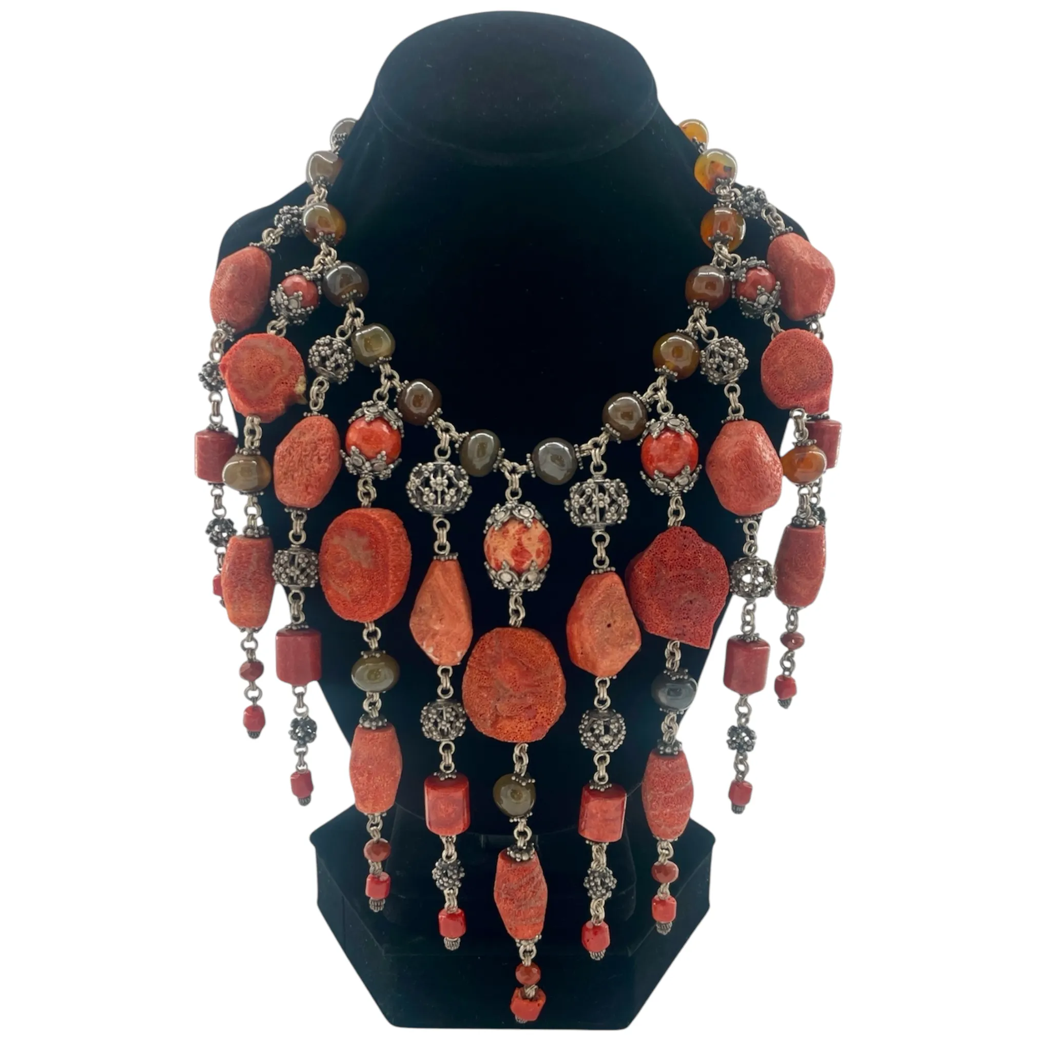 Stephen Dweck Spectacular Coral, Agate, and Silver Filigree Fringed Bib Necklace