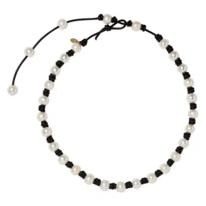 The Classic Knotted Pearl and Leather Necklace with Tail