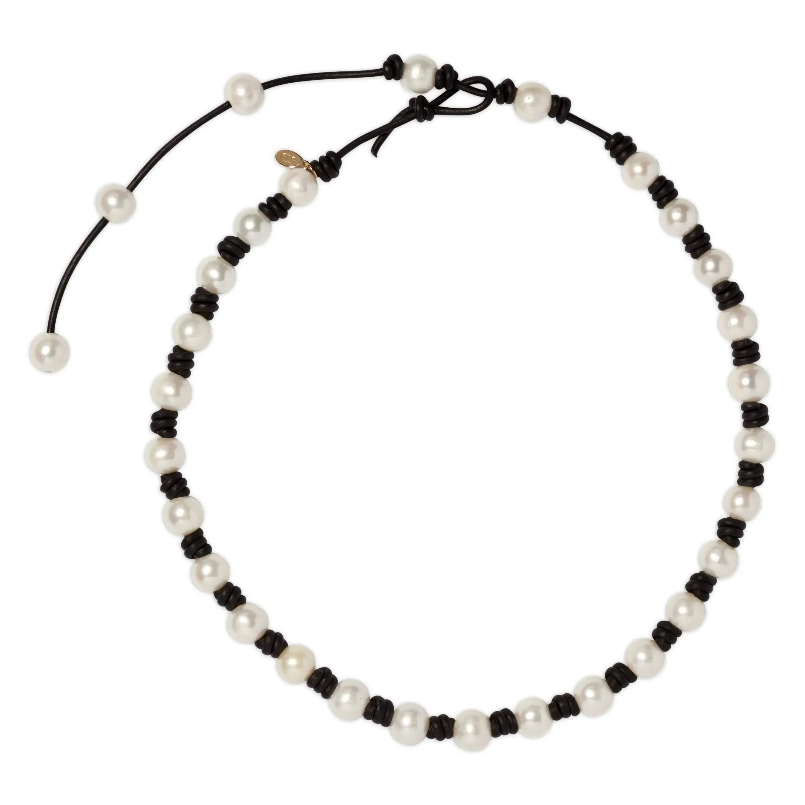The Classic Knotted Pearl and Leather Necklace with Tail