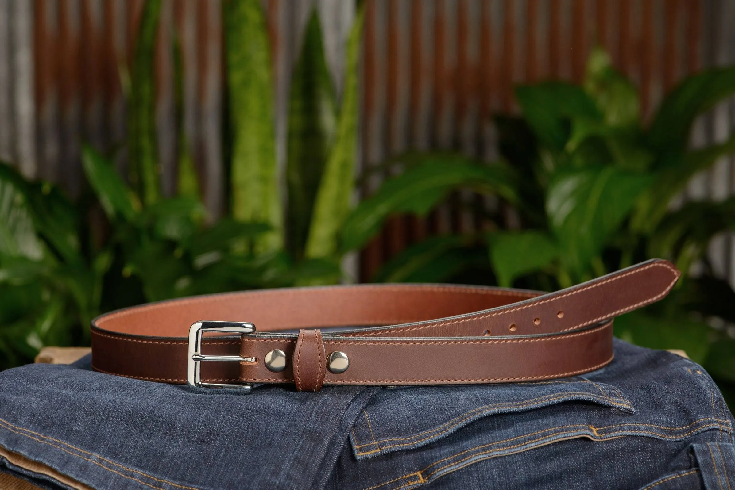 The Lakota: Brown Stitched Water Buffalo Leather Belt With Snaps 1.25"