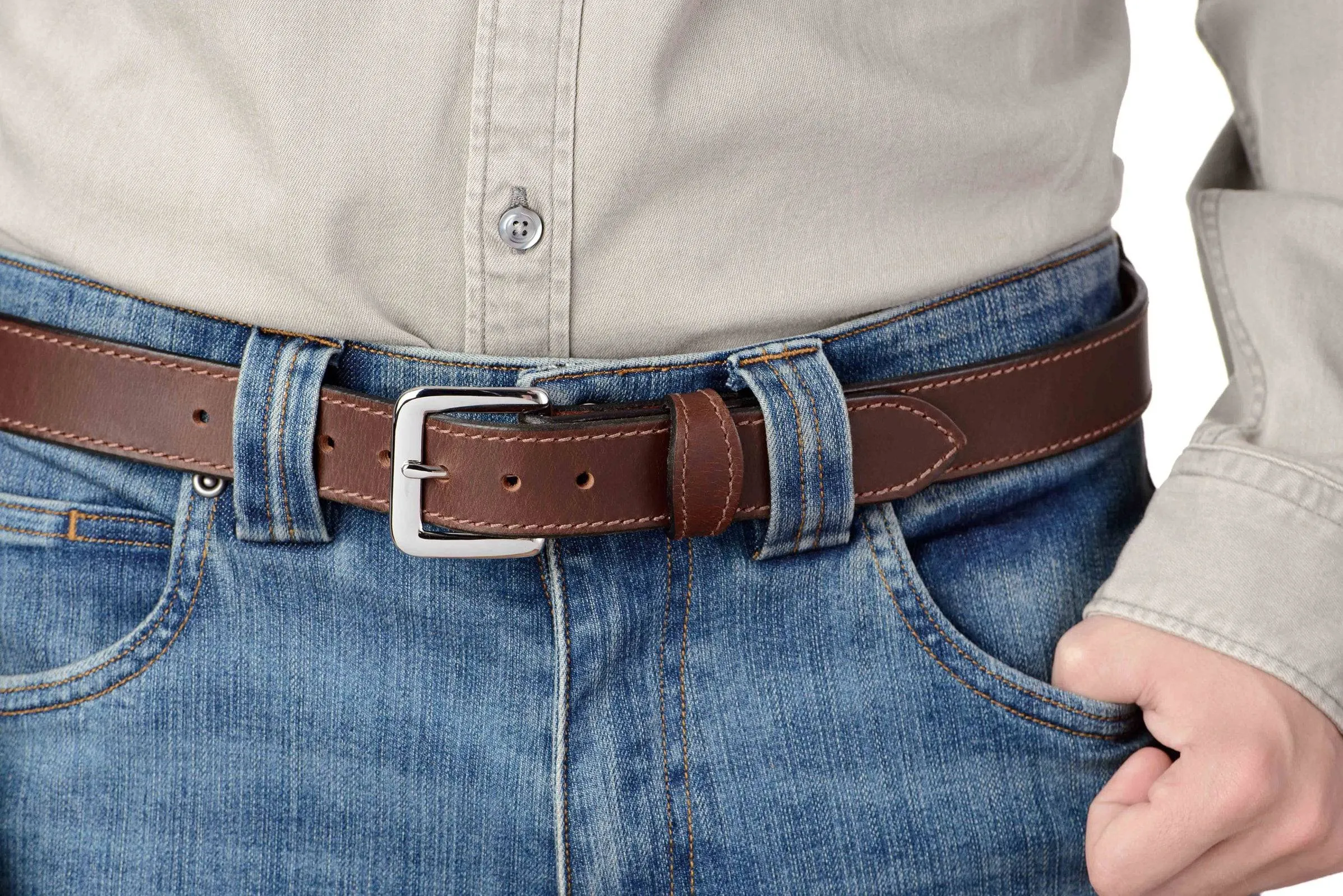 The Lakota: Brown Stitched Water Buffalo Leather Belt With Snaps 1.25"