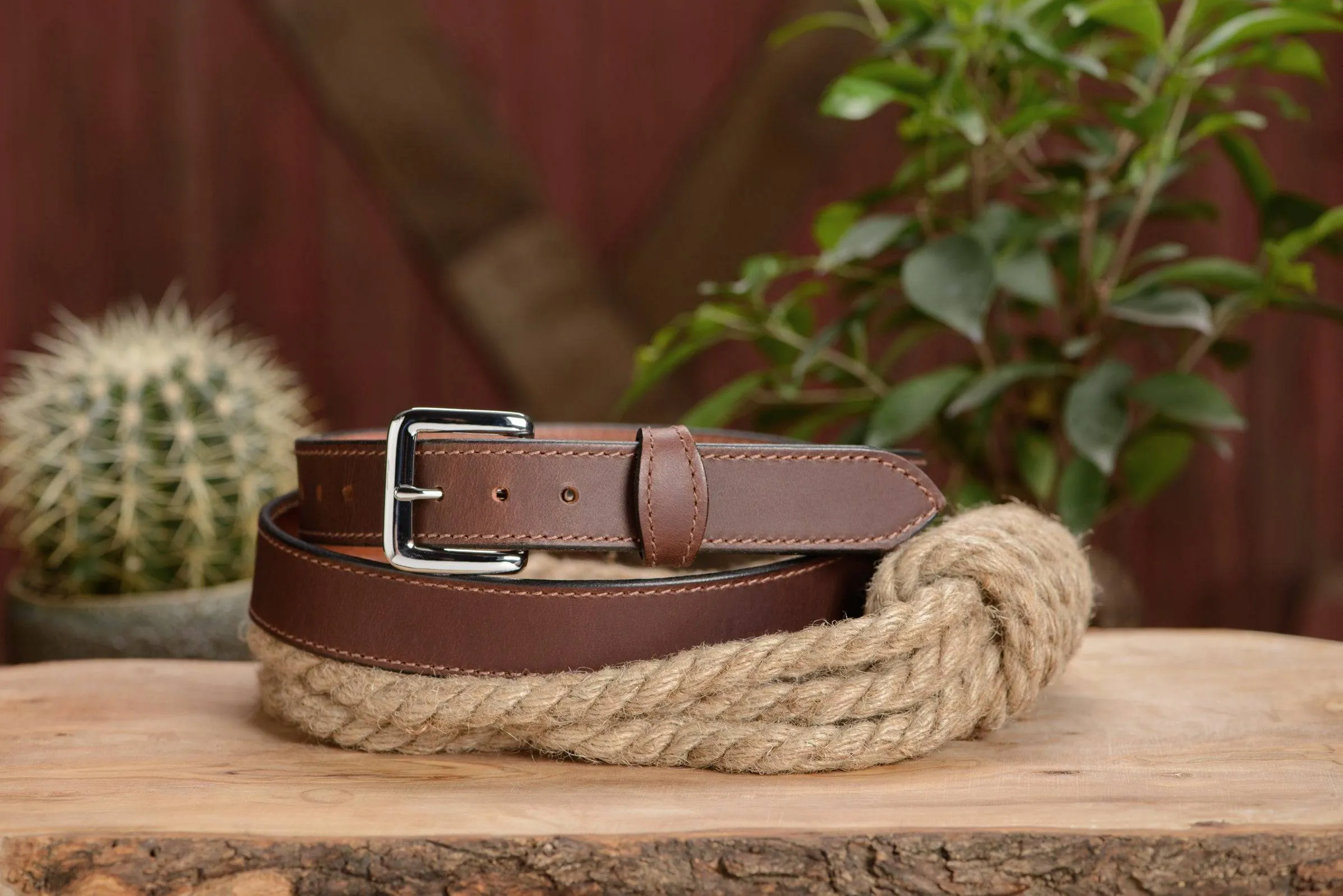 The Lakota: Brown Stitched Water Buffalo Leather Belt With Snaps 1.25"