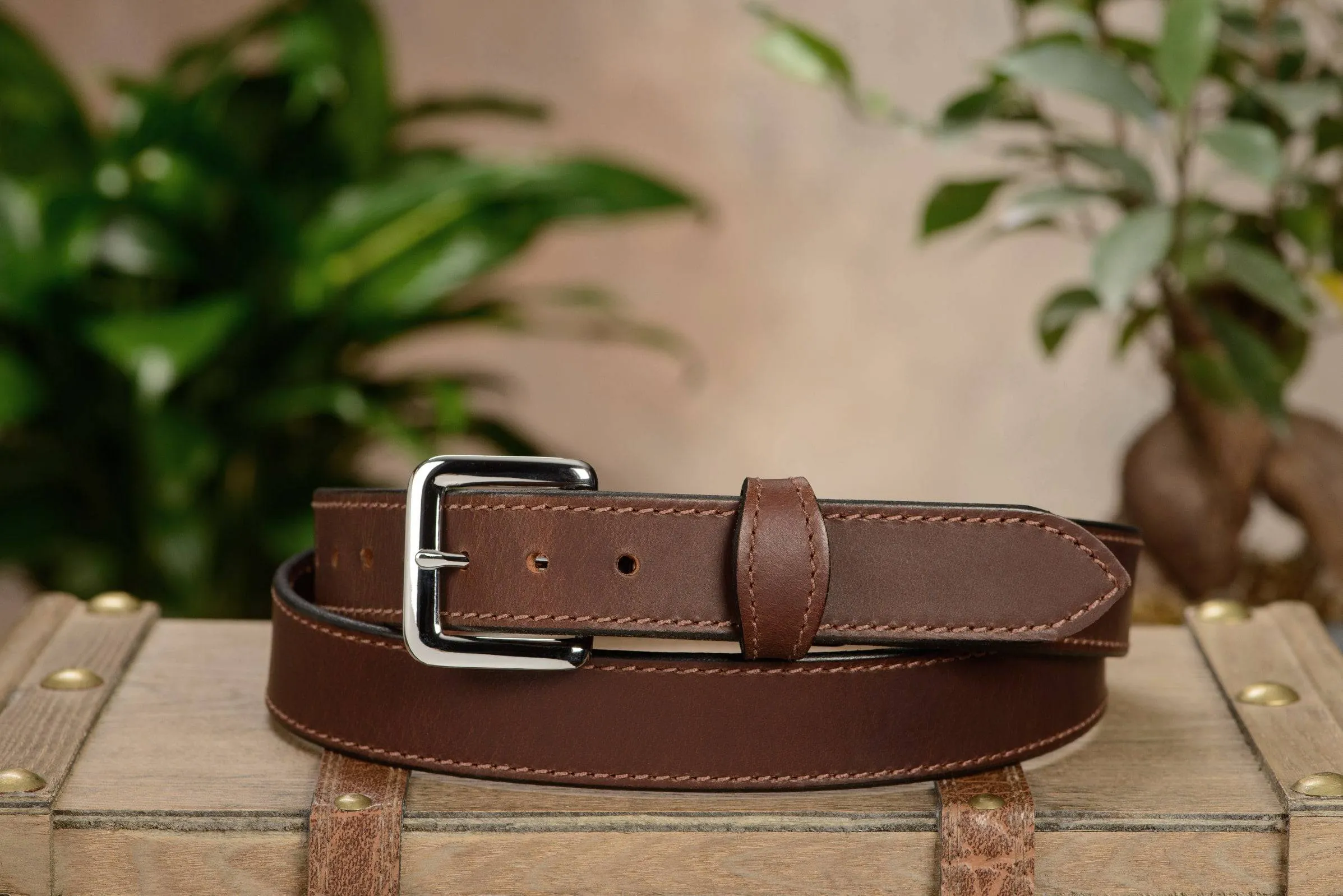 The Lakota: Brown Stitched Water Buffalo Leather Belt With Snaps 1.25"