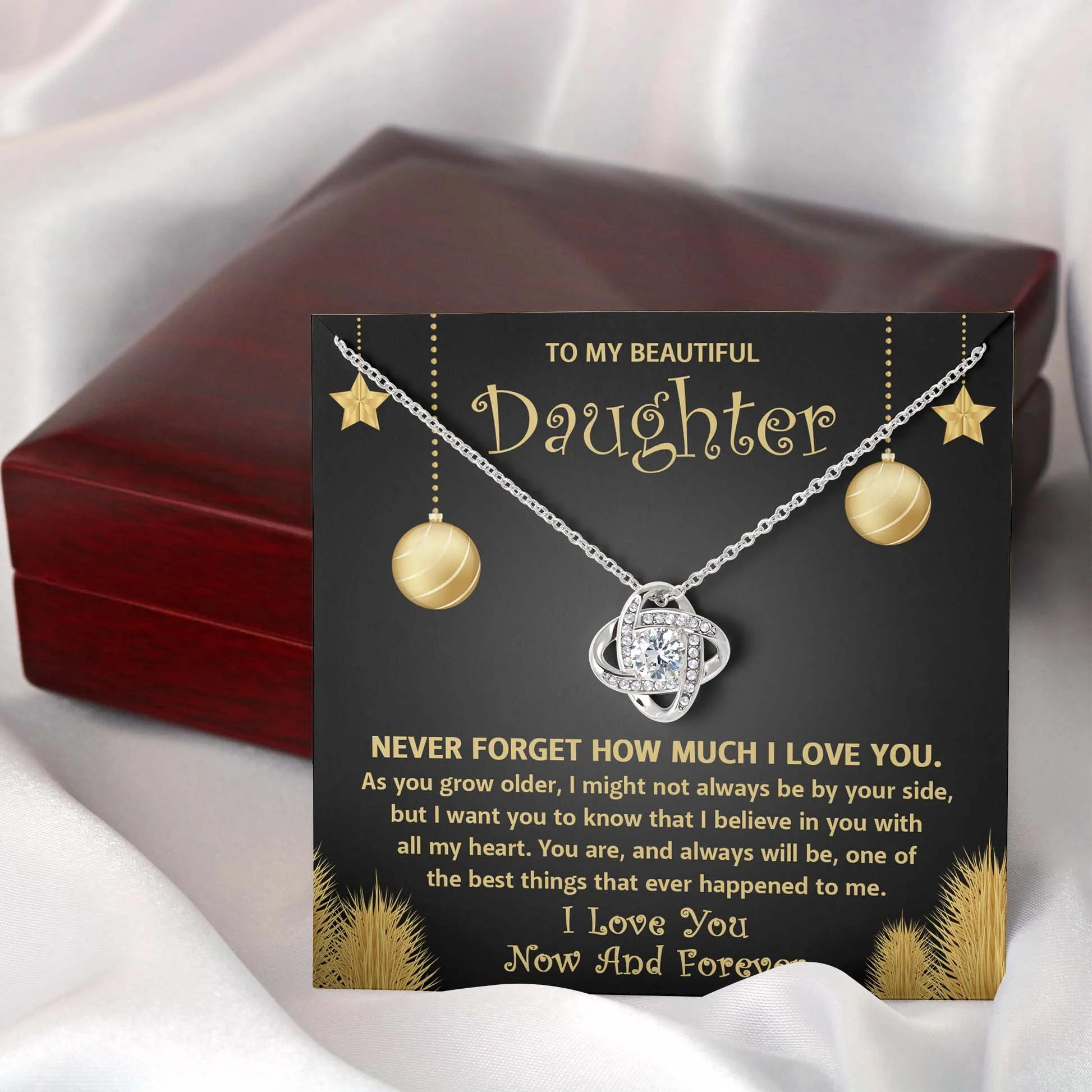 To My Beautiful Daughter I Love You Now And Forever Necklace, Love Knot Pendant Gift For Daughter