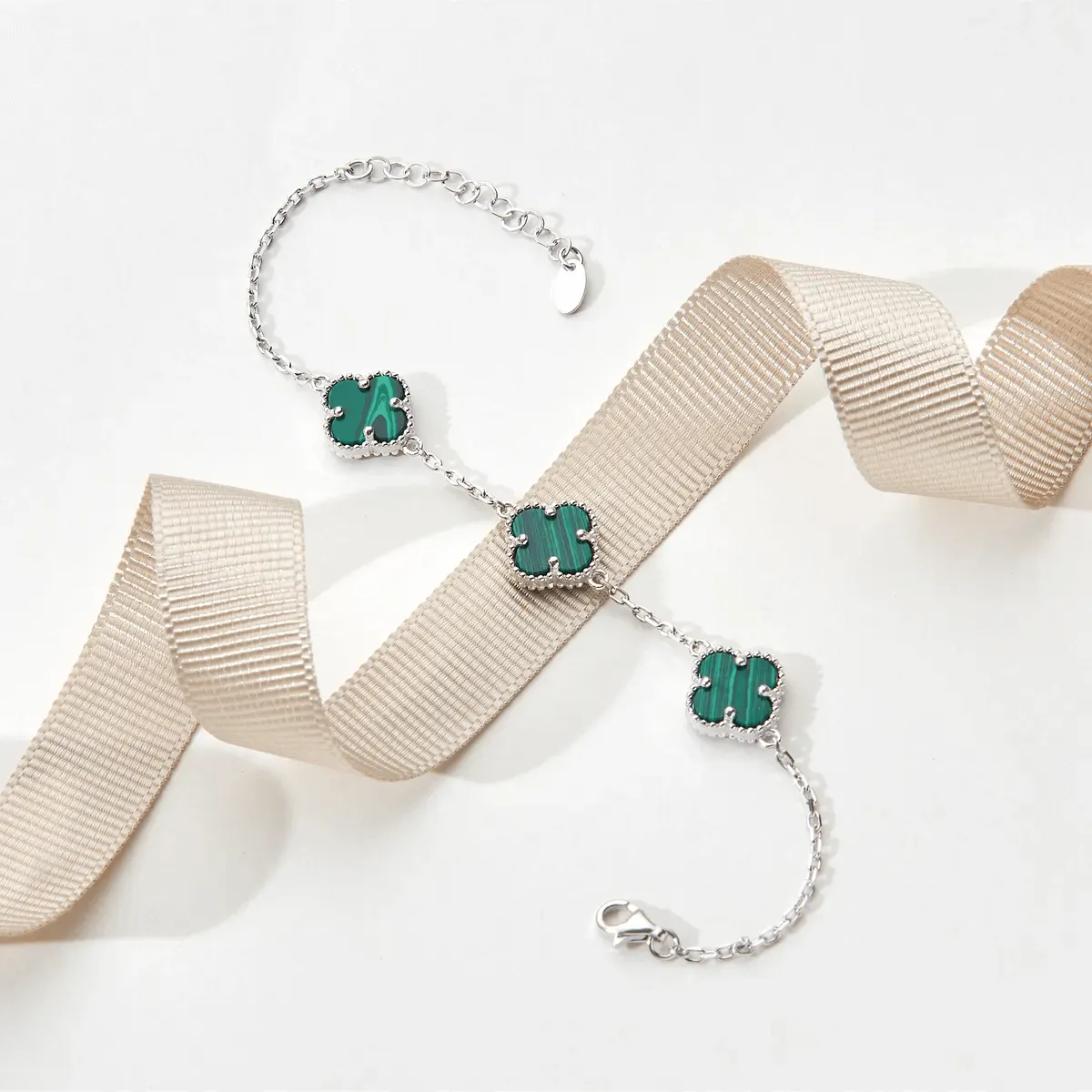 Triple Mother of Pearl Clover Charm Bracelet 925 Silver
