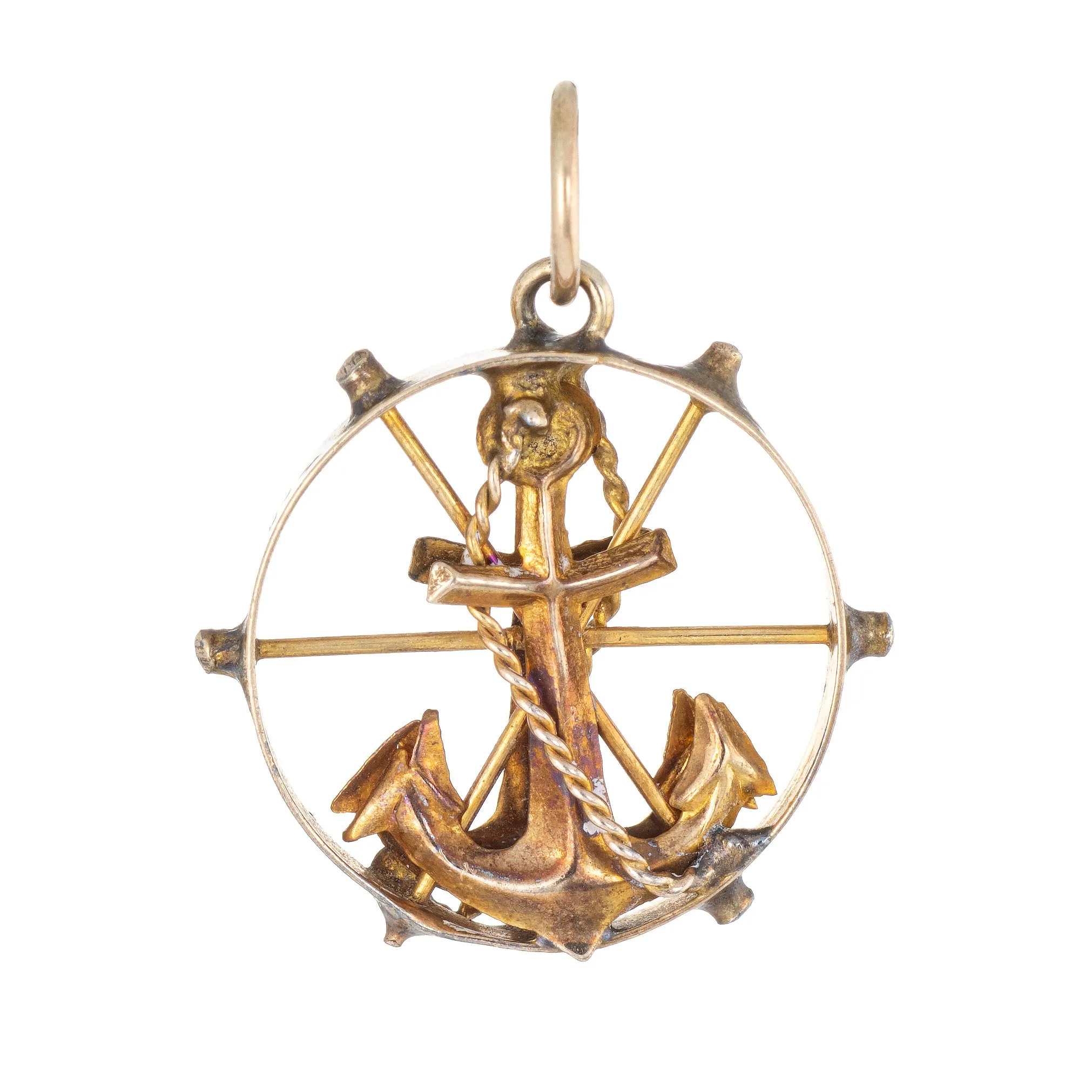 Vintage Anchor Charm Pendant 14k Yellow Gold Nautical Jewelry Small Round Wheel