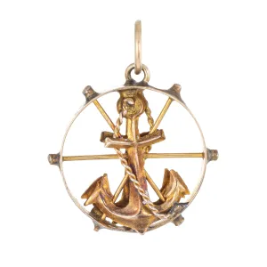 Vintage Anchor Charm Pendant 14k Yellow Gold Nautical Jewelry Small Round Wheel