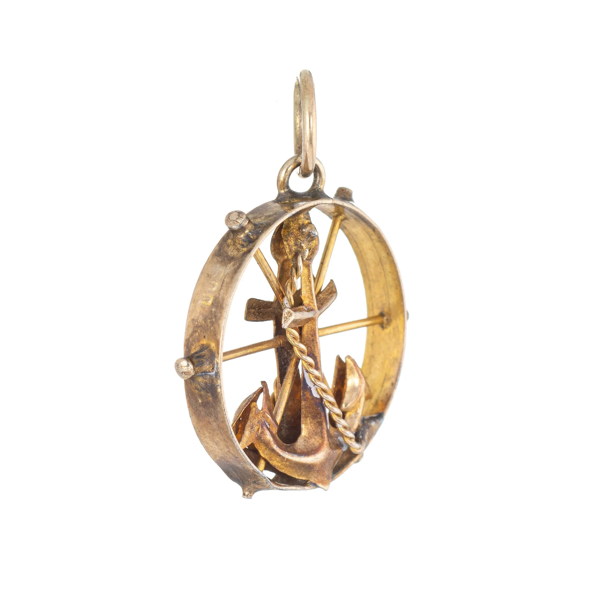 Vintage Anchor Charm Pendant 14k Yellow Gold Nautical Jewelry Small Round Wheel