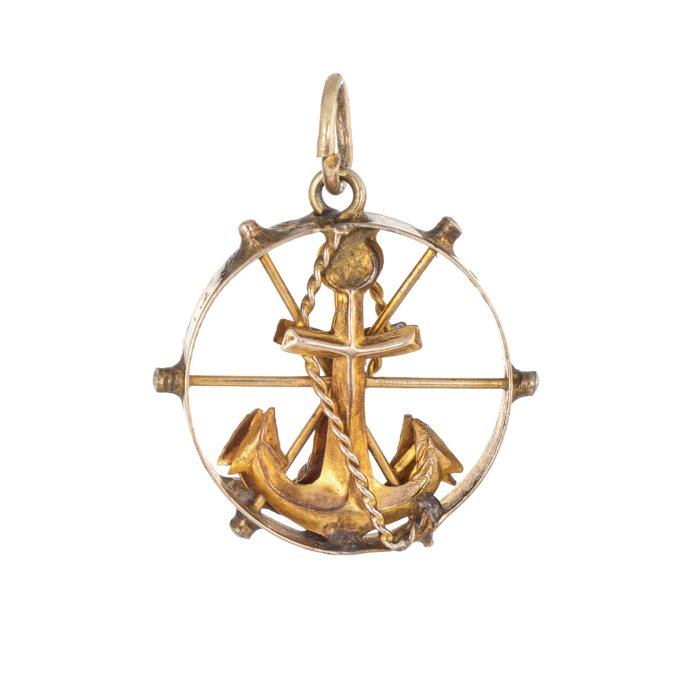 Vintage Anchor Charm Pendant 14k Yellow Gold Nautical Jewelry Small Round Wheel
