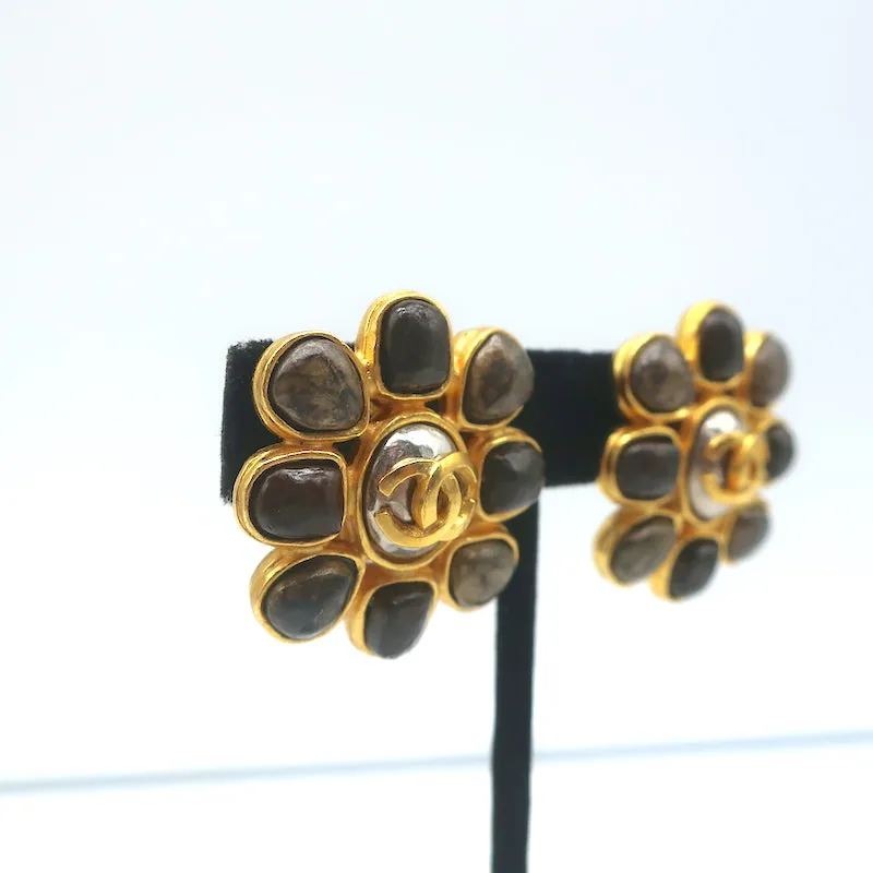 Vintage Chanel 97A Flower CC Clip-On Earrings Gripoix Cabochons