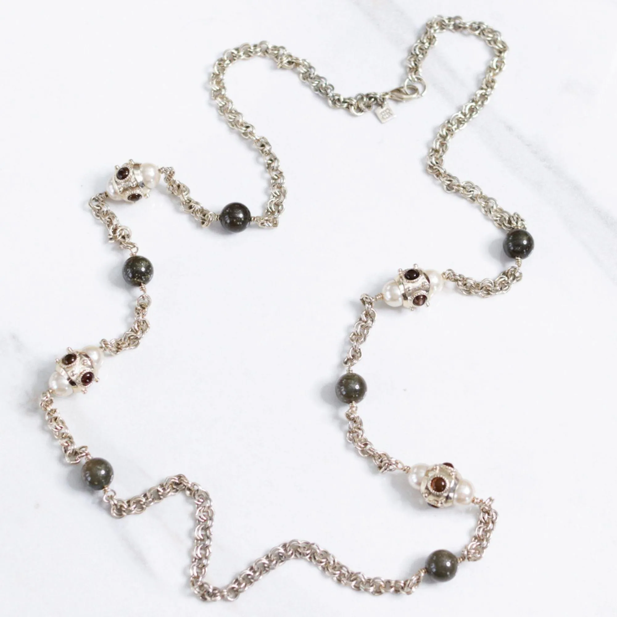 Vintage Gold Chain Necklace with Pearl Stations and Olive Lucite Beads