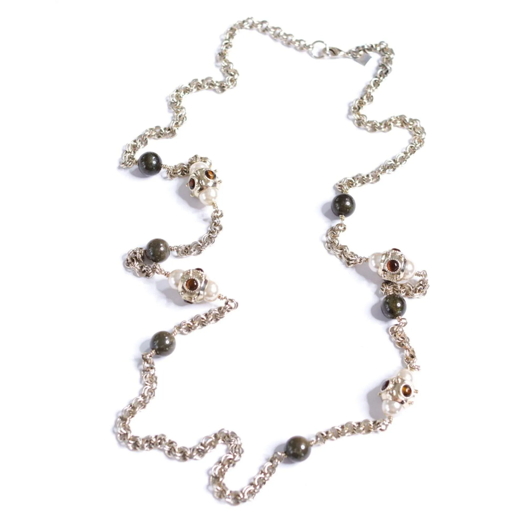 Vintage Gold Chain Necklace with Pearl Stations and Olive Lucite Beads