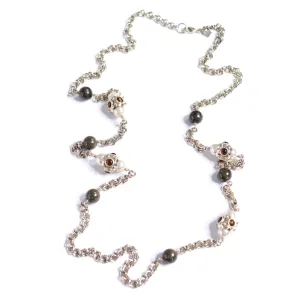 Vintage Gold Chain Necklace with Pearl Stations and Olive Lucite Beads