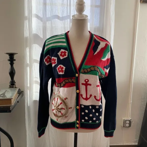 Vintage KIM ROGERS yacht capitan sweater cardigan ramie cotton sz s womens