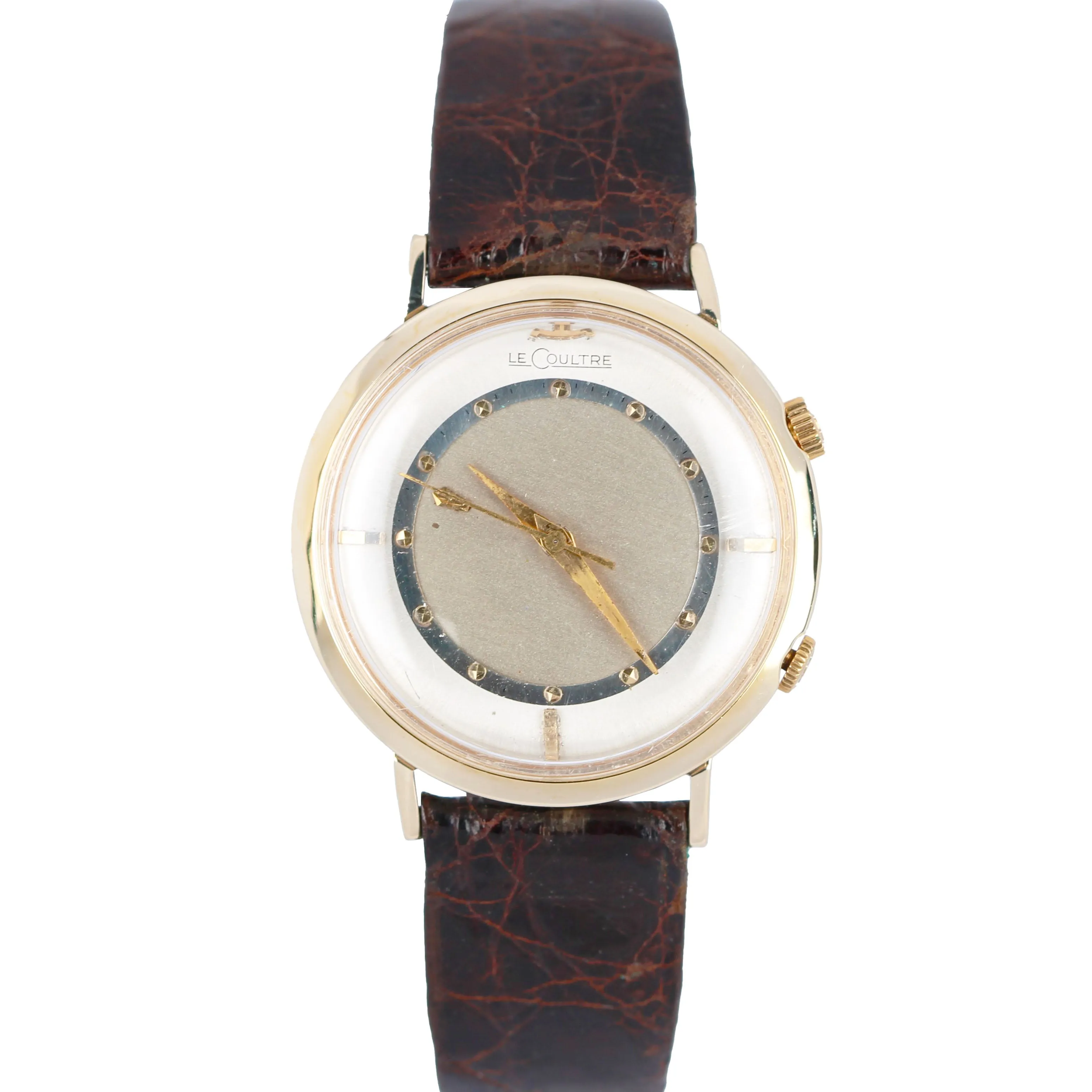 VINTAGE Mid 1950's Le Coultre 14k Gold Mystery Dial Dark Brown Alligator Band Wa