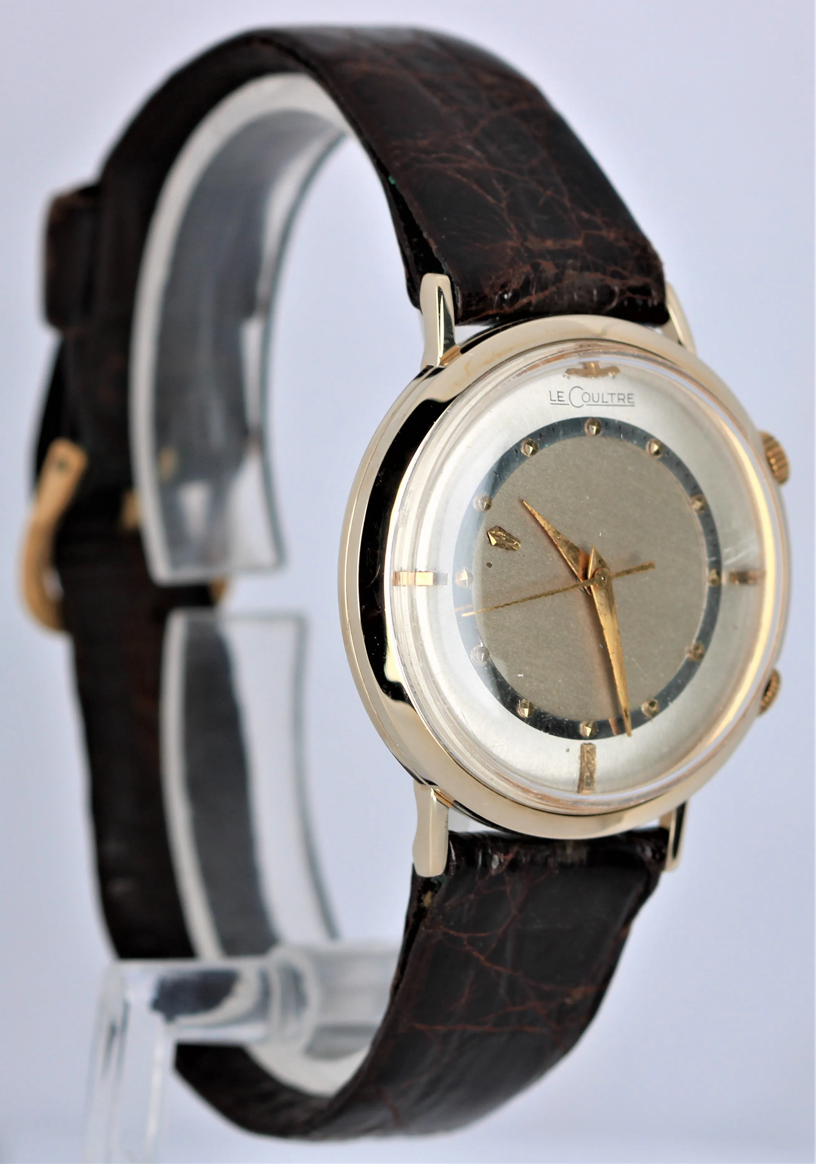 VINTAGE Mid 1950's Le Coultre 14k Gold Mystery Dial Dark Brown Alligator Band Wa