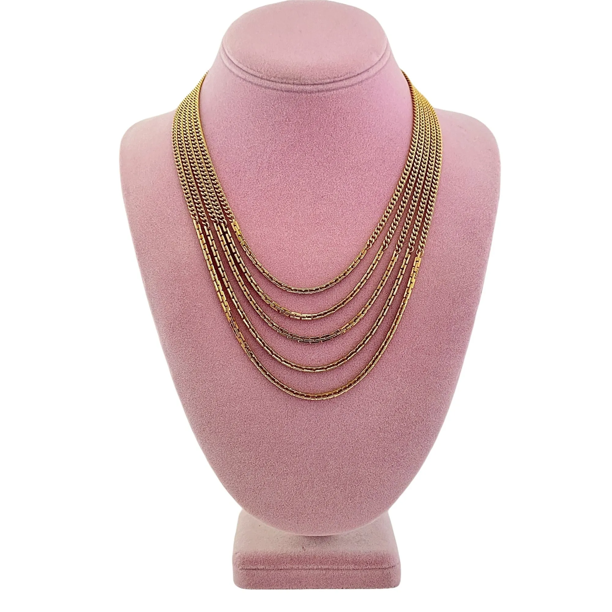 Vintage Monet Five Strand Mixed Media Gold Graduated Chain Necklace