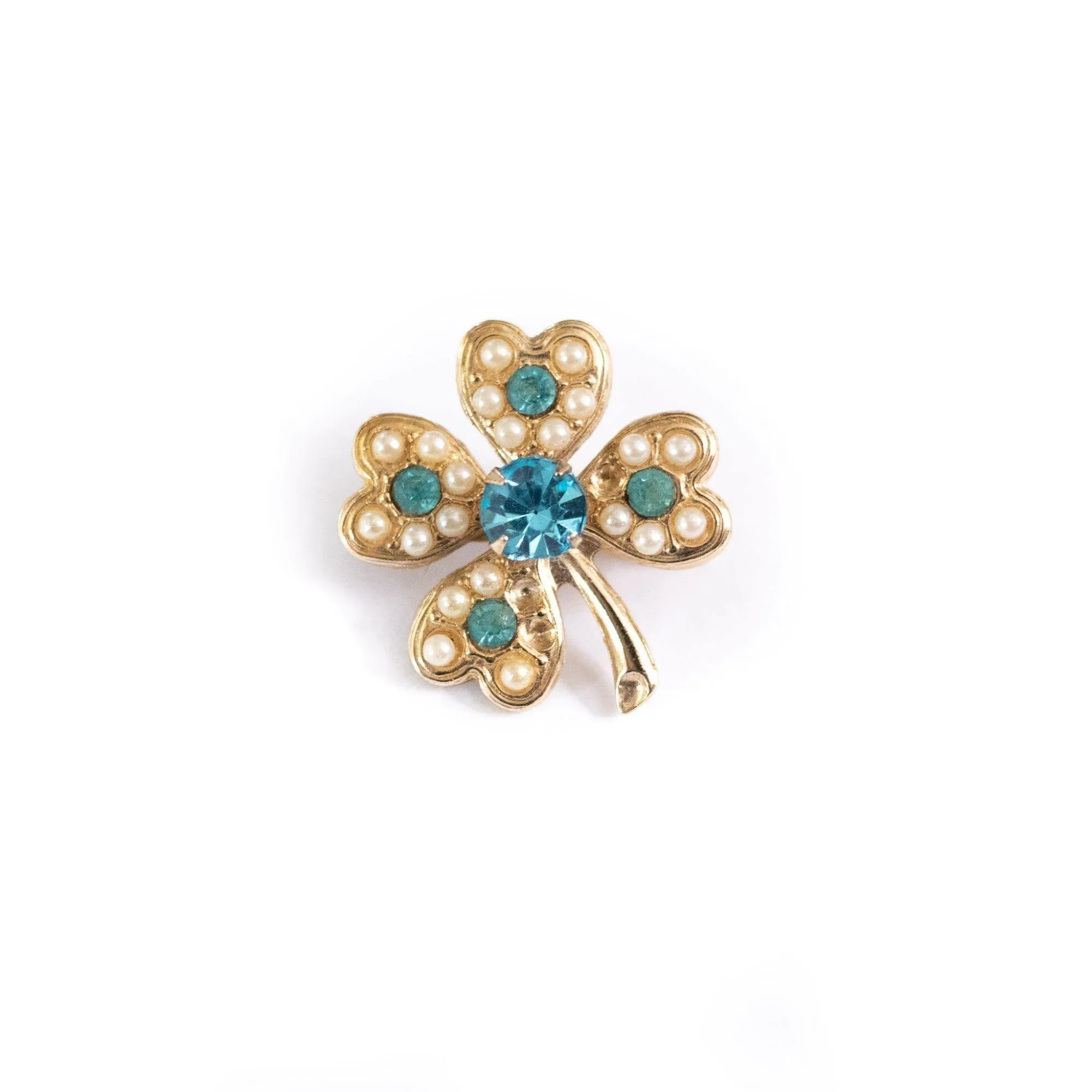Vintage Pearl and Blue Rhinestone Four Leaf Clover Pin/Brooch