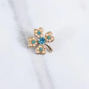 Vintage Pearl and Blue Rhinestone Four Leaf Clover Pin/Brooch