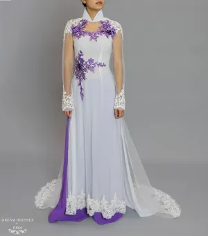 White and Purple Ao Dai | Beaded Lace Vietnamese Bridal Dress (#OCTAVIA)