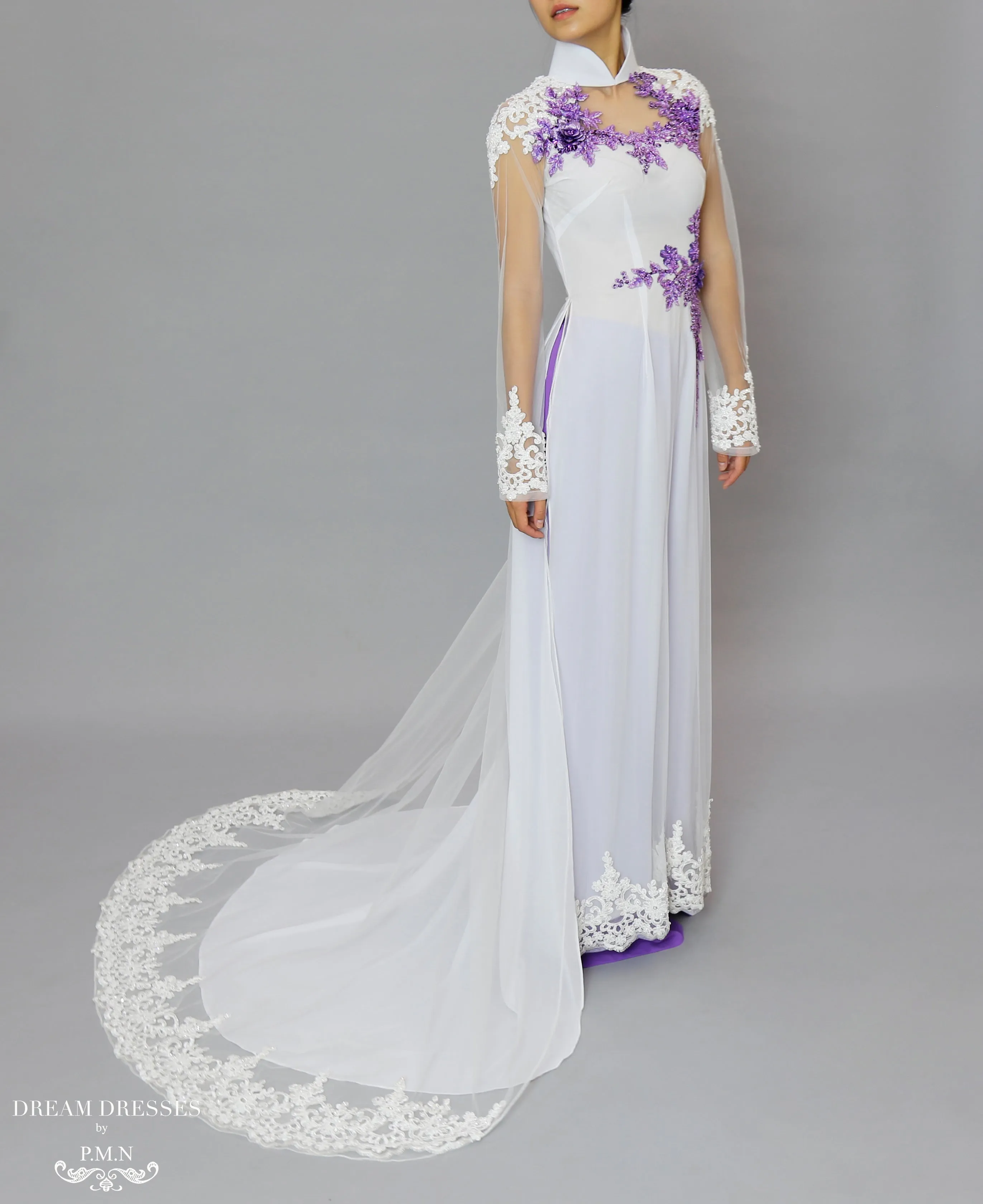 White and Purple Ao Dai | Beaded Lace Vietnamese Bridal Dress (#OCTAVIA)