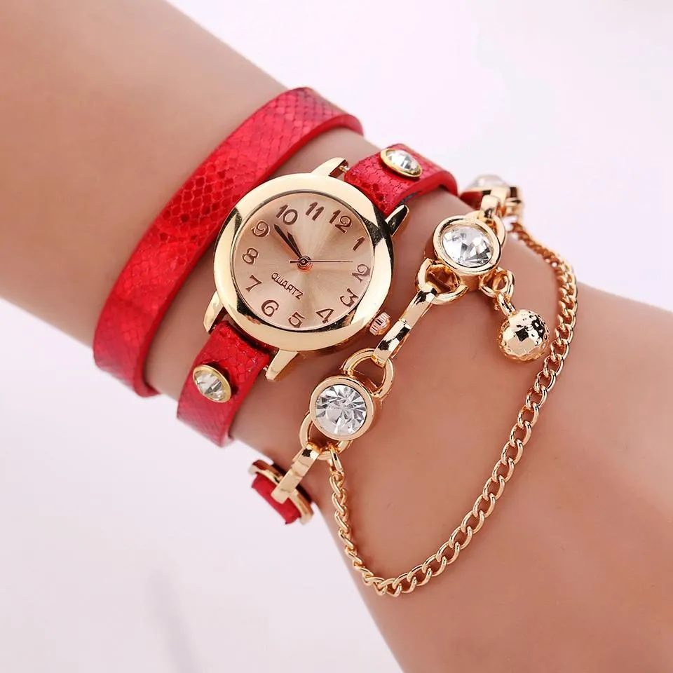 Women's Leather Strap Glass Jewel Watch In 8 Colors
