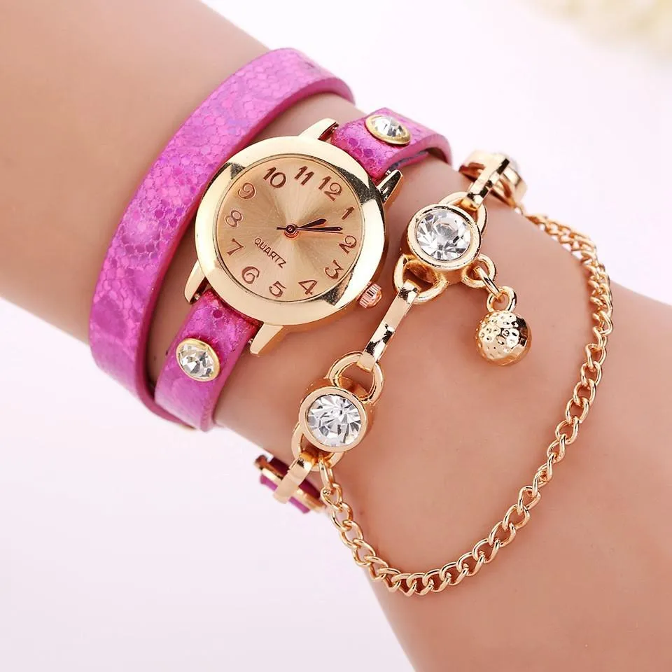 Women's Leather Strap Glass Jewel Watch In 8 Colors