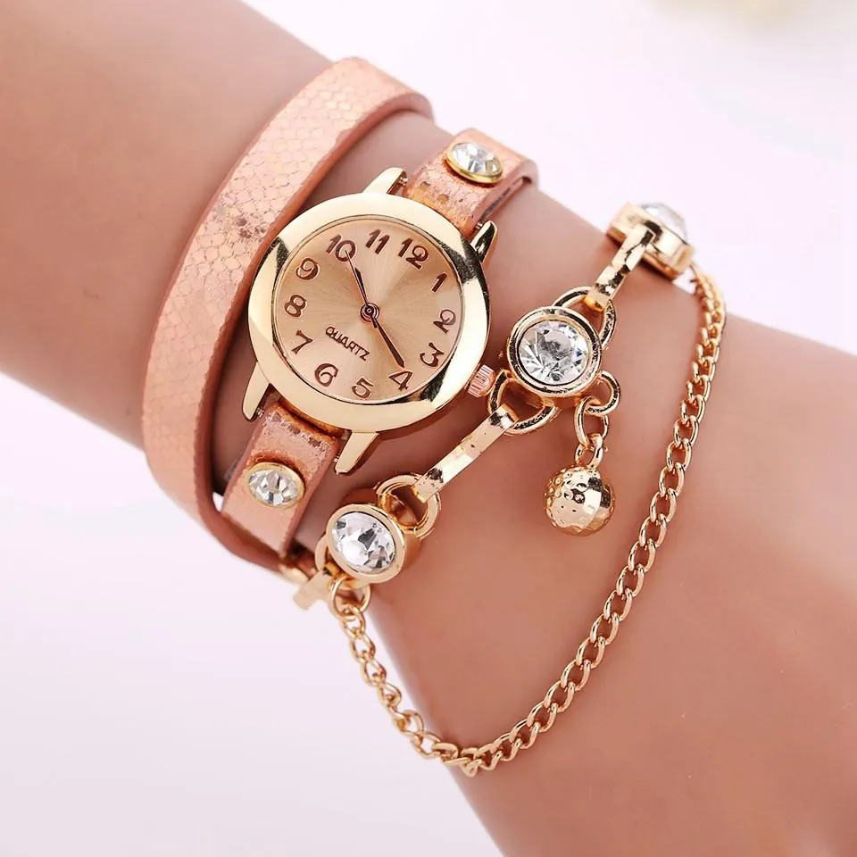 Women's Leather Strap Glass Jewel Watch In 8 Colors