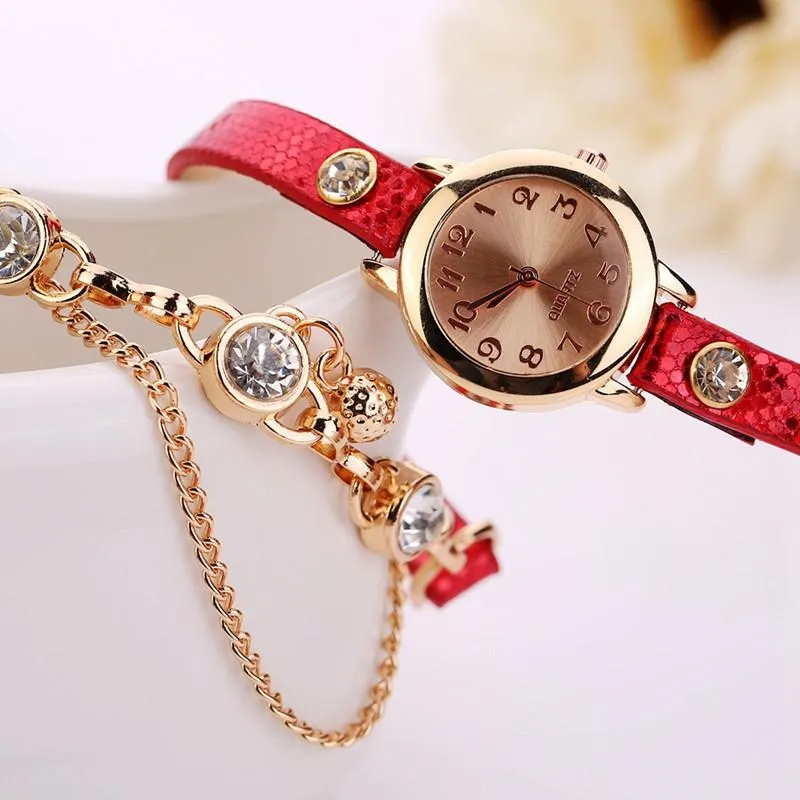 Women's Leather Strap Glass Jewel Watch In 8 Colors