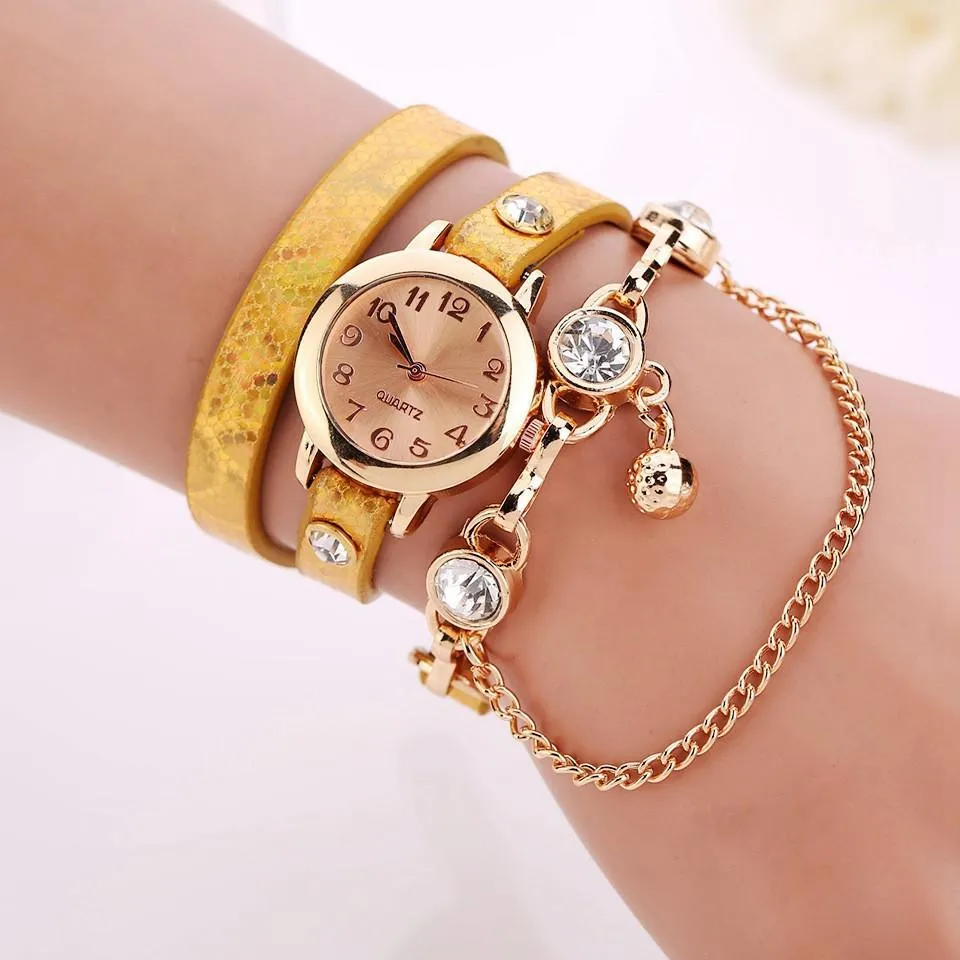 Women's Leather Strap Glass Jewel Watch In 8 Colors