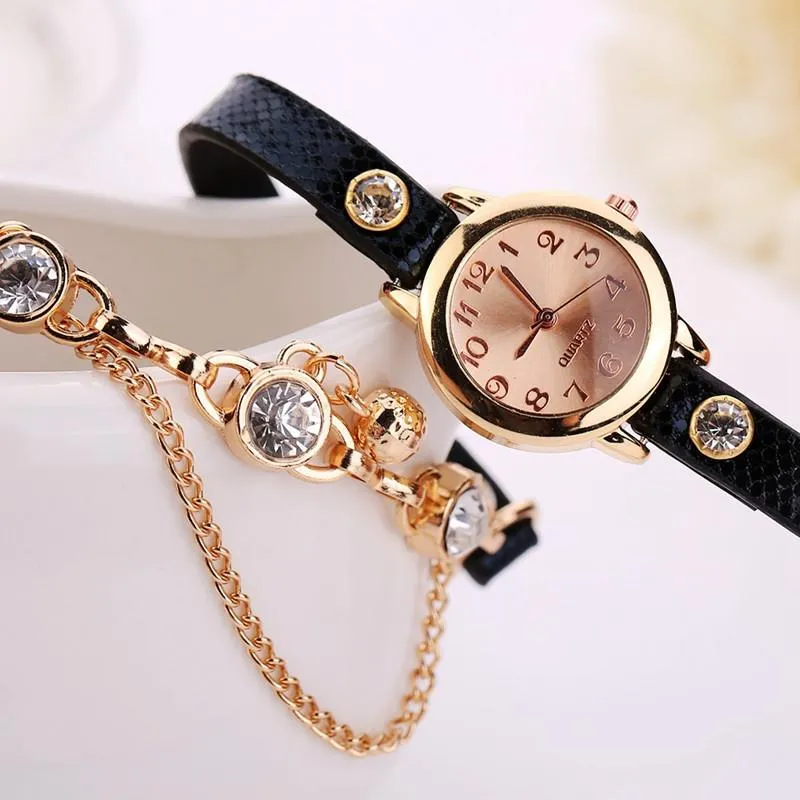 Women's Leather Strap Glass Jewel Watch In 8 Colors