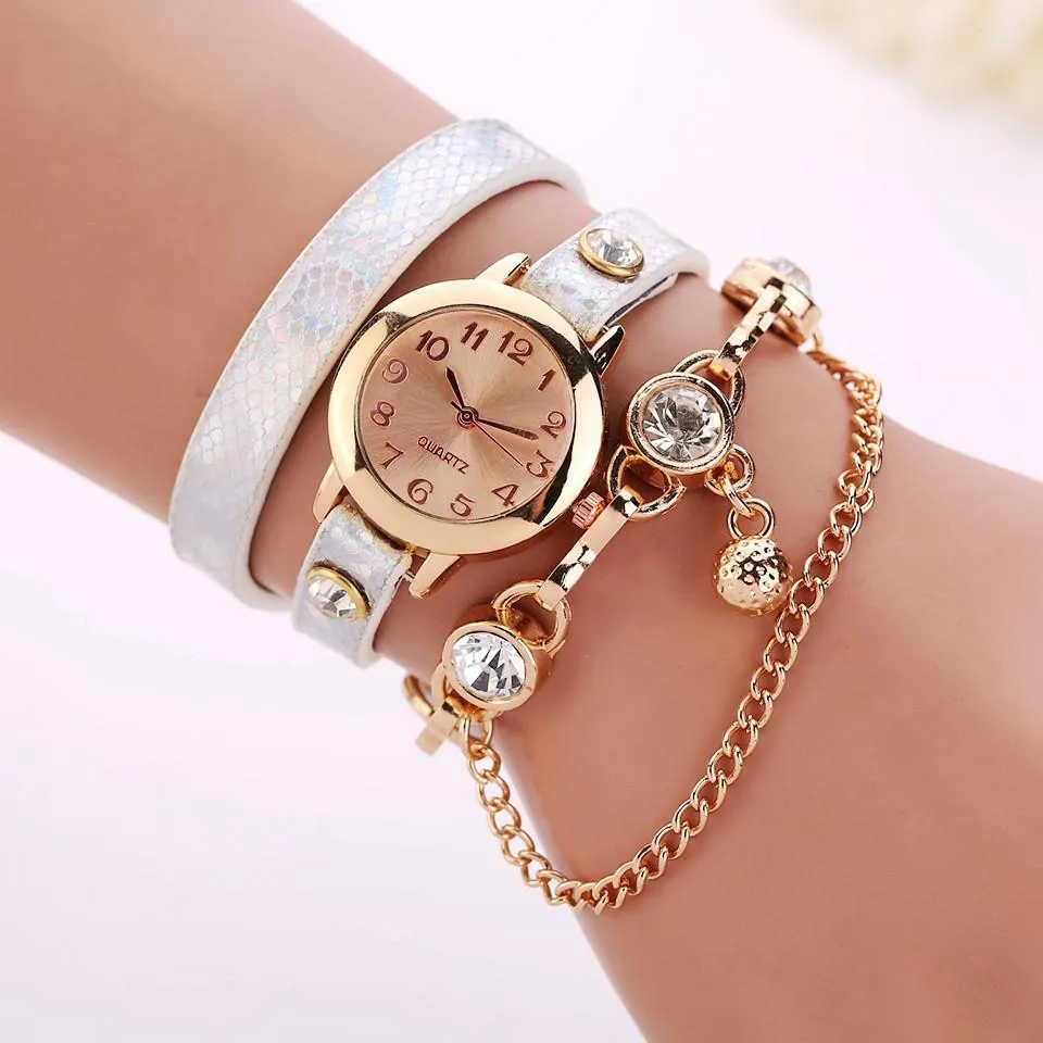 Women's Leather Strap Glass Jewel Watch In 8 Colors