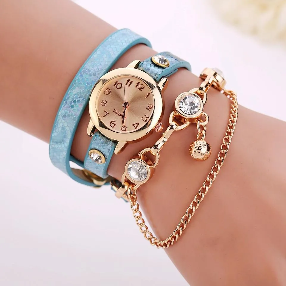 Women's Leather Strap Glass Jewel Watch In 8 Colors