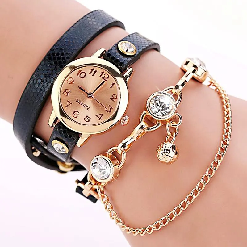Women's Leather Strap Glass Jewel Watch In 8 Colors