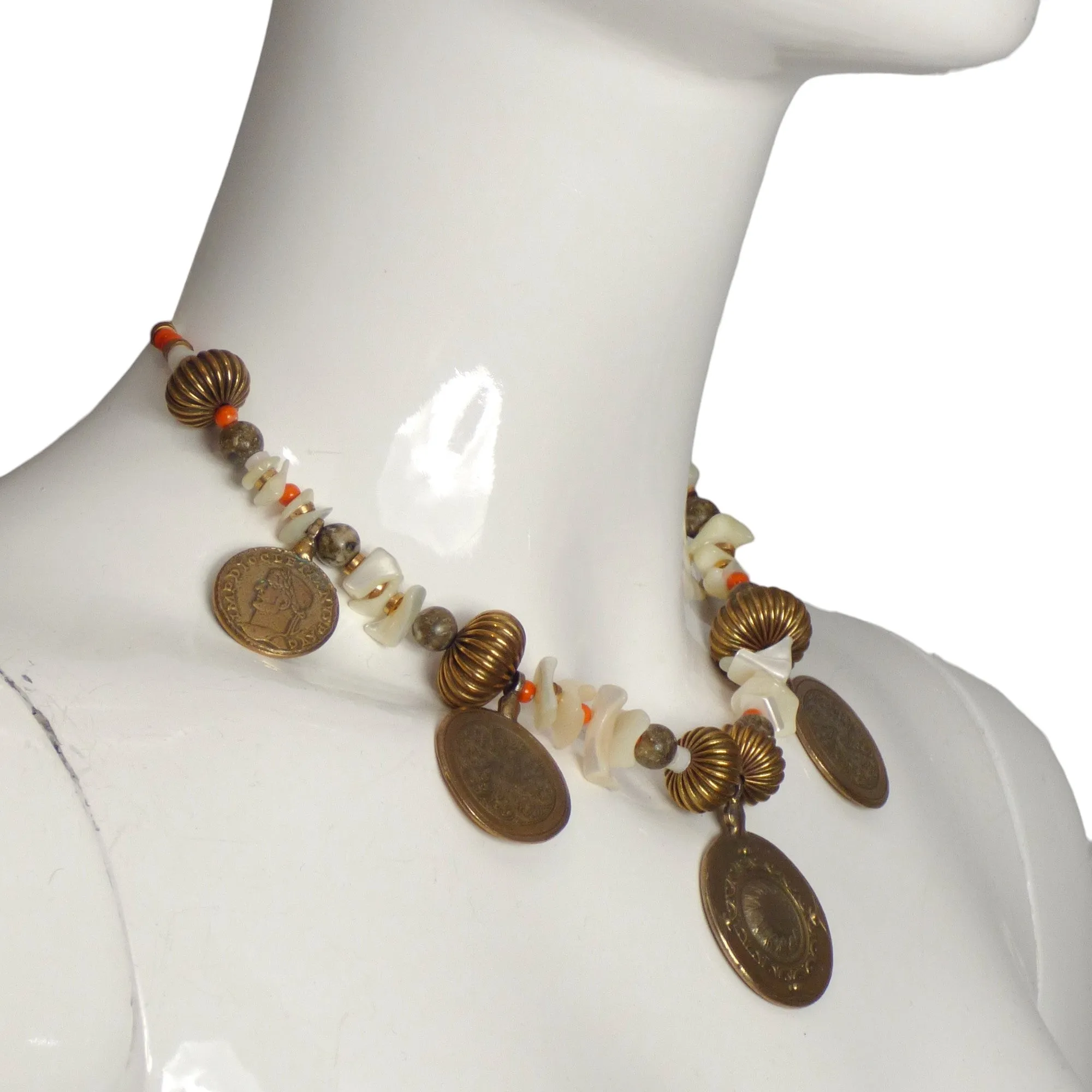 YVES SAINT LAURENT- c.1970 Shell Bead & Medallion Necklace