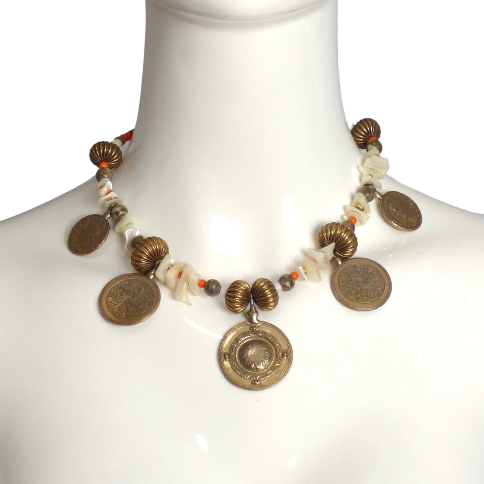 YVES SAINT LAURENT- c.1970 Shell Bead & Medallion Necklace